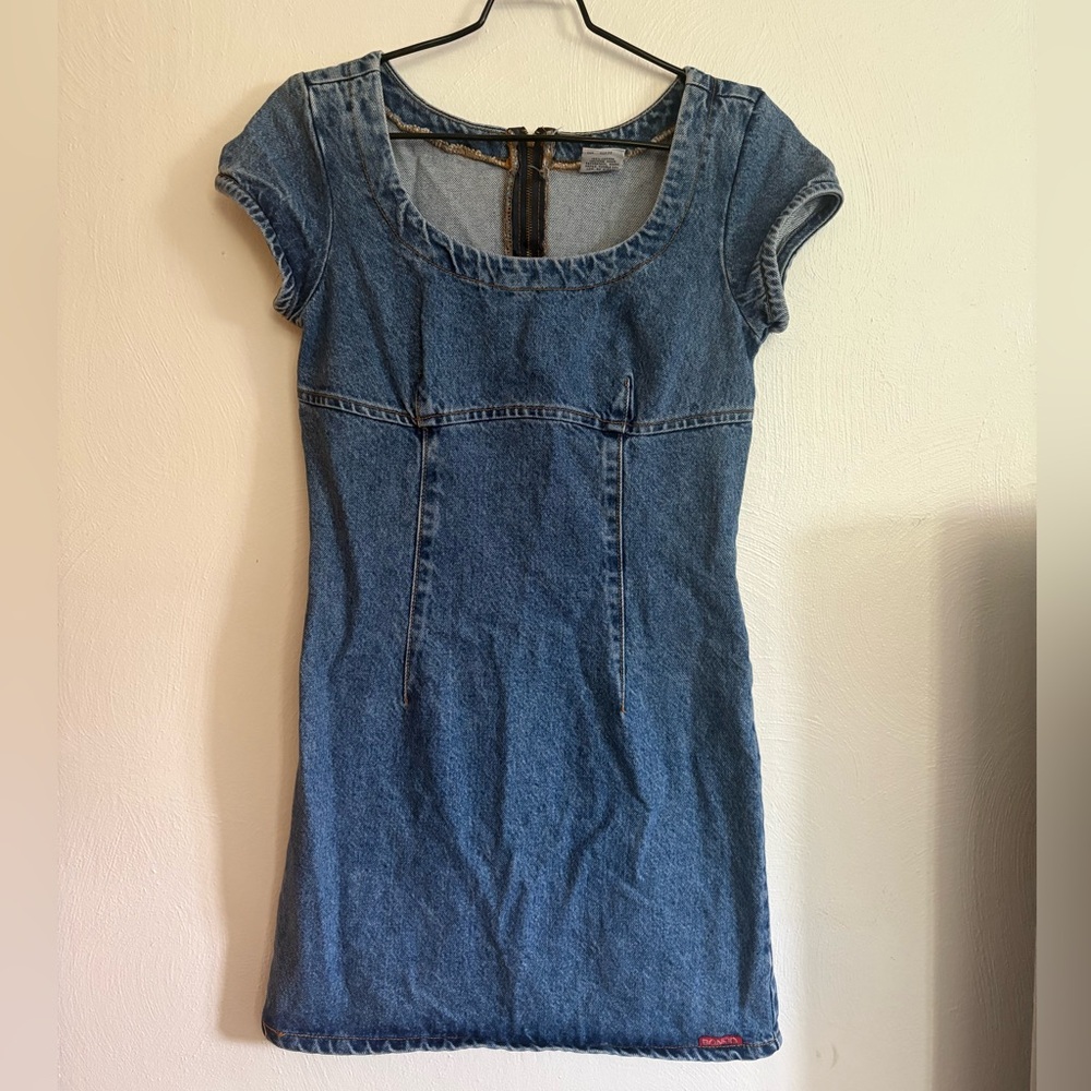 vintage Bongo Women Blue Denim Mini Dress Square Neck Short Sleeve Zip up Size9